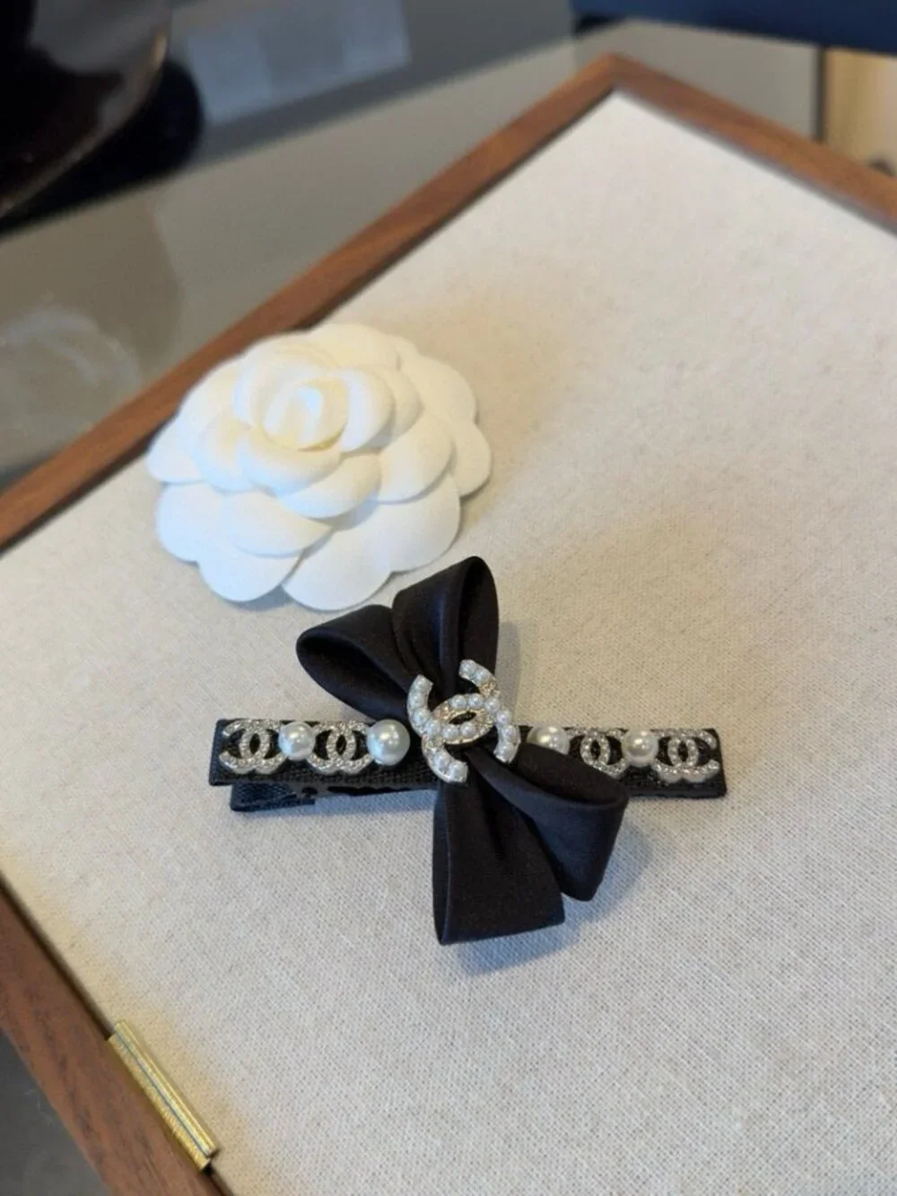 Chanel Black Satin Butterfly Hair Clip